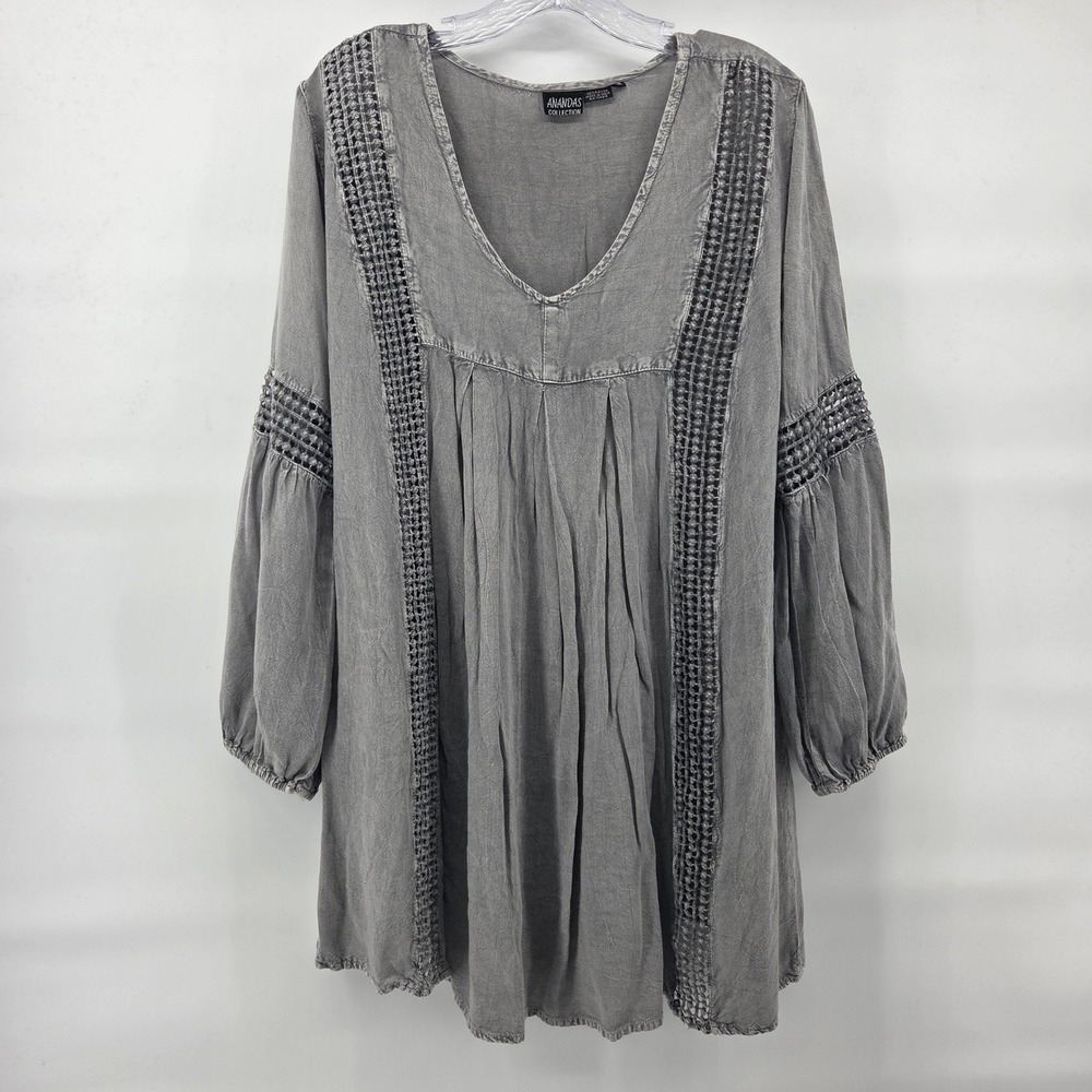 Anandas Collection Tunic‎ Dress Medium Grey Boho Crochet Lattice Balloon Sleeve